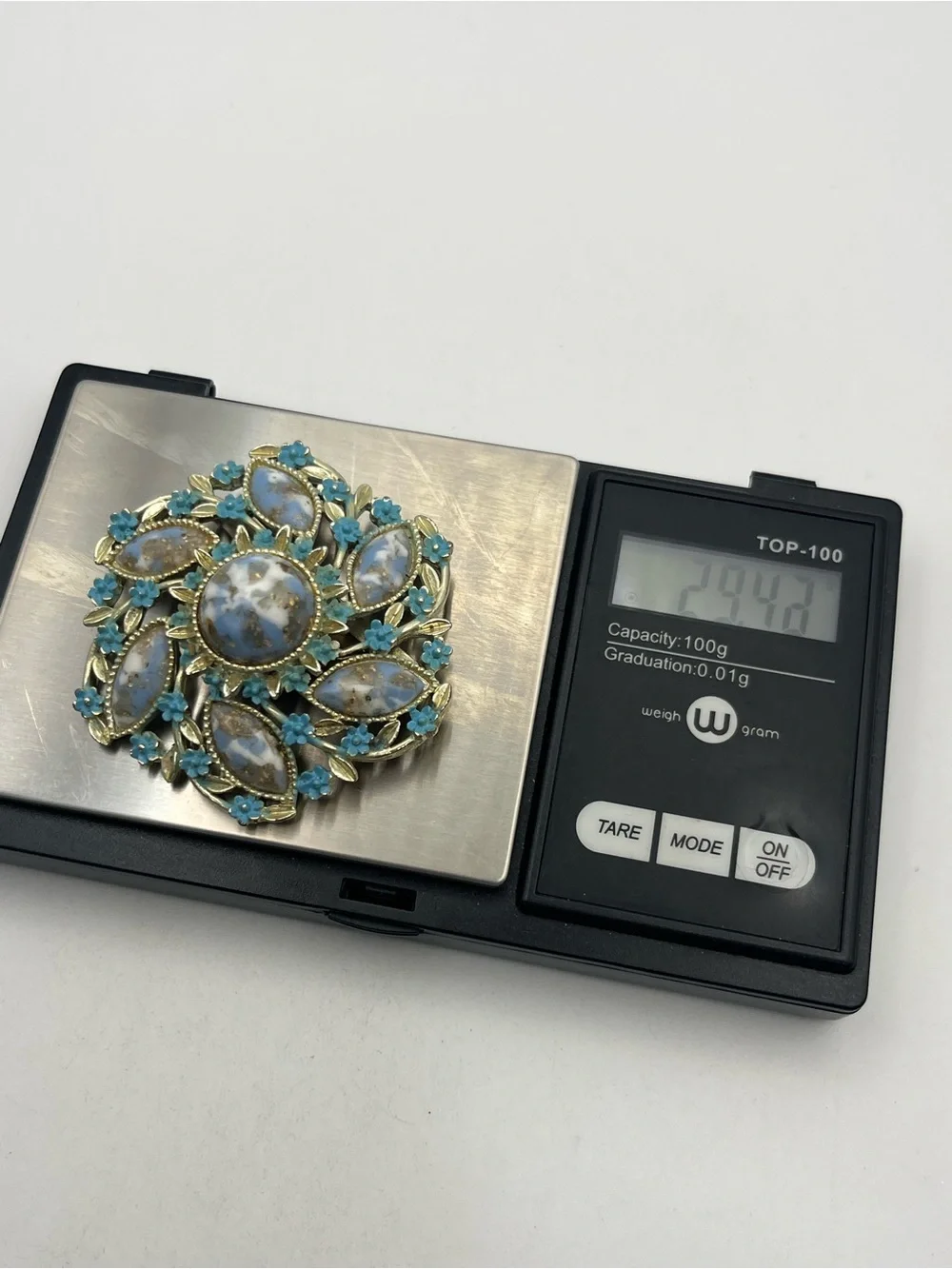 Blue faux stone cabochon painted enamel flower gold tone brooch pin vintage